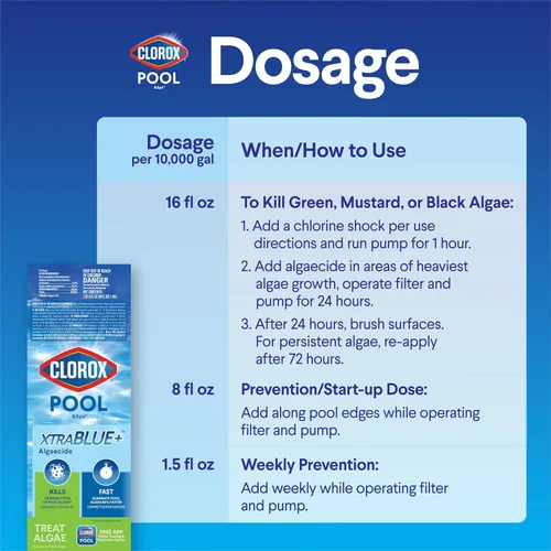 Miniatura 5 de Clorox® Pool&Spa™ XTRABLUE® Plus Alguicida para Piscina, Eliminador de Algas Todo en Uno, Sin Espuma, 40 Onzas (Paquete de 1)