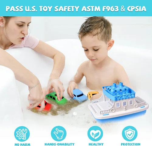 Miniatura 3 de FUN LITTLE TOYS Barco de juguete para baño para niños pequeños con 4 juguetes de mini autos, juguetes de agua para niños, barco de ferry