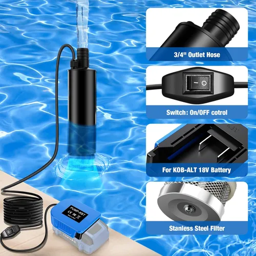Miniatura 6 de Bomba de agua sumergible para batería Kobalt de 24 V, 635 GPH 100 W, bomba de transferencia de agua inalámbrica para tina, estanque, jardín