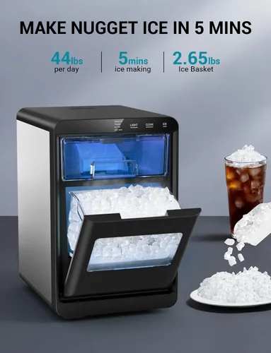 Miniatura 3 de Encimera de hielo de pepita de 44 libras, máquina de hielo de guijarros, fabricación de hielo rápida de 5 a 10 minutos, autolimpieza, portátil