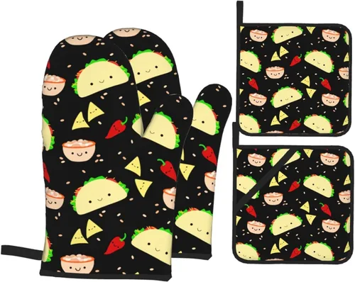 Juego de 4 manoplas de horno y soportes para ollas con estampado de tacos Kawaii, guantes resistentes al calor para cocina, hornear, asar a la Lindo