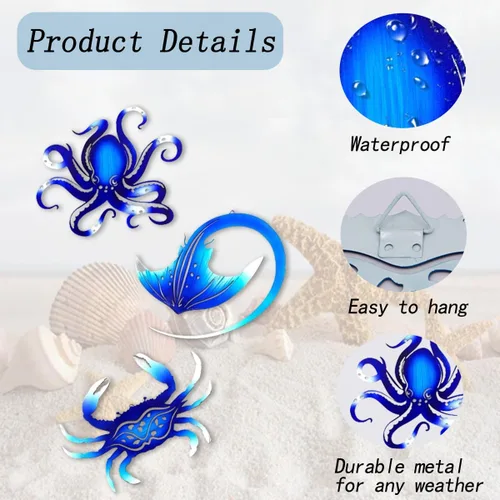 Miniatura 3 de BVLFOOK Decoración de pared de metal, pulpo, cangrejo, manta raya, océano náutico costero, decoración de San Valentín, concisa de 9 pulgadas, juego