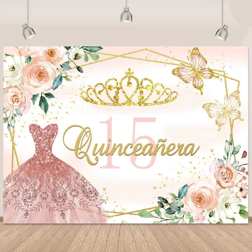Telón de fondo de quinceañera para cumpleaños número 15, vestido de princesa rosa, telón de fondo de quinceañera para niña dulce, corona dorada,