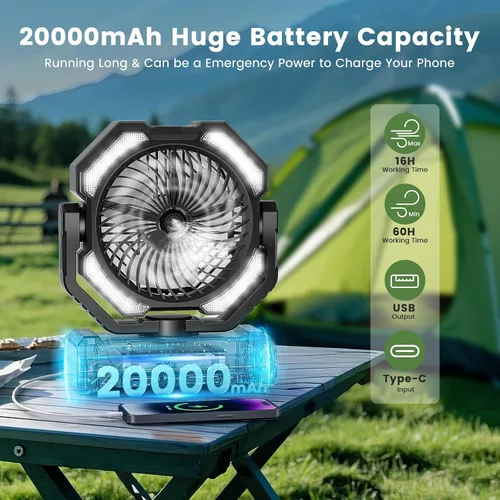 Miniatura 3 de Ventilador de Neblina Portátil de 20000mAh, Ventilador de Camping Recargable por USB con Luz LED, Operado por Batería para Exteriores, Tiendas