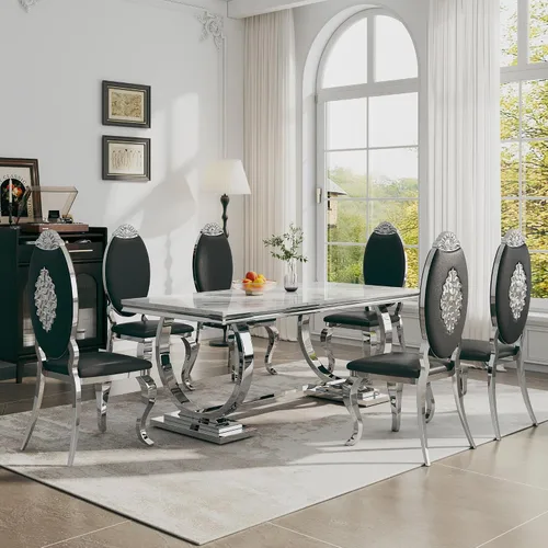 Miniatura 32 de Juego de mesa de comedor de 7 piezas, mesa de cocina de lujo de mármol sintético blanco de 70 pulgadas y 6 sillas copetudas de terciopelo beige