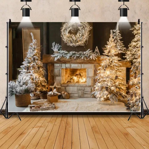 Miniatura 2 de Leowefowa Telón de fondo de fotos de Navidad de 5x3 pies Fondo de guirnalda de chimenea de invierno Chimenea vintage de Navidad Árbol de Navidad