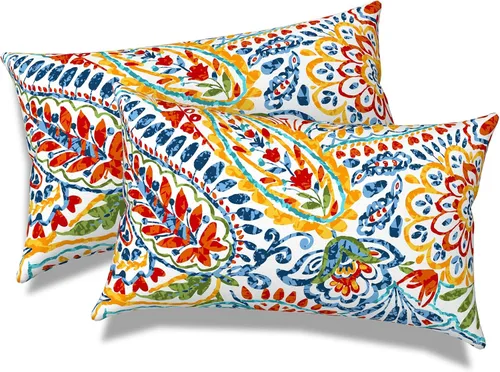 Miniatura 555 de Juego de 2 almohadas para exteriores de 16 x 16 pulgadas, repelentes al agua con interiores, para muebles de patio, hogar, jardín, geometría bohemia