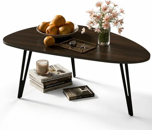 Manora Mesa de Café Moderna y Simple de Madera con Patas de Metal Negro, Mesa de Té Ovalada para Sala de Estar u Oficina, Mesa Central Compacta para