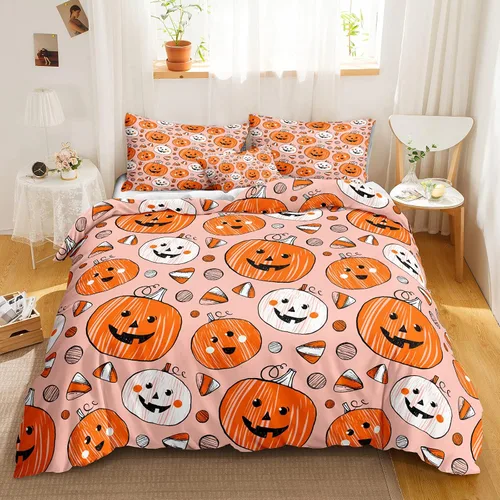 Miniatura 29 de Juego de funda de edredón de calabaza para Halloween, divertido diseño de calabaza malvada, color negro, juego de ropa de cama Tiwn 1 funda