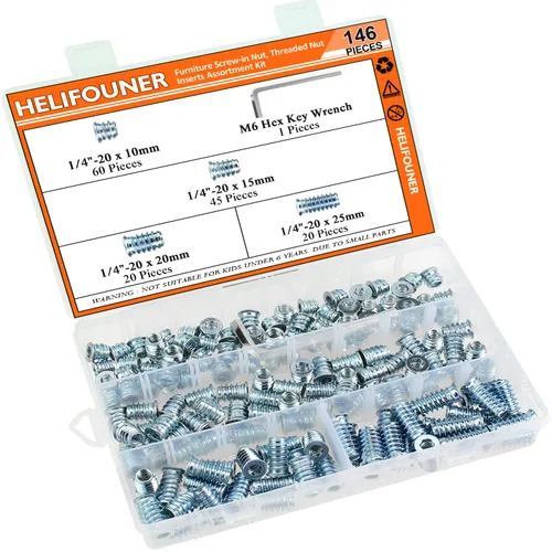 Miniatura 7 de Insertos roscados de 1/4-20, insertos de madera, insertos roscados de acero para tornillo de muebles de madera, kit de 145 piezas de insertos