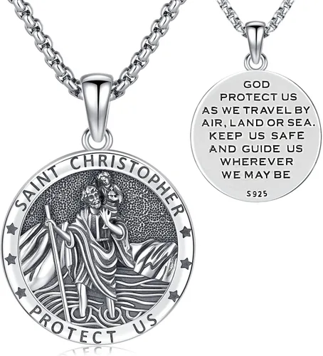 Miniatura 202 de Odinstone Collar de plata de ley 925 con medalla de San Miguel/San Cristóbal/San Benito/Crucifijo de Jesús/San Uriel/Arcángel Rafael para hombres