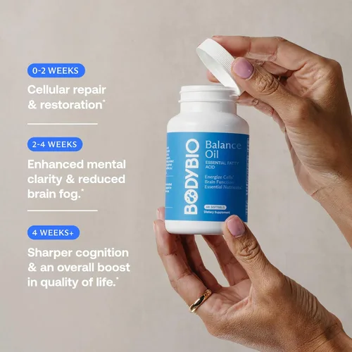 Miniatura 7 de BodyBio Aceite de equilibrio - Suplemento vegano Omega 3 6 - Aceite de cártamo y linaza prensado en frío - Apoya la función cerebral, la piel