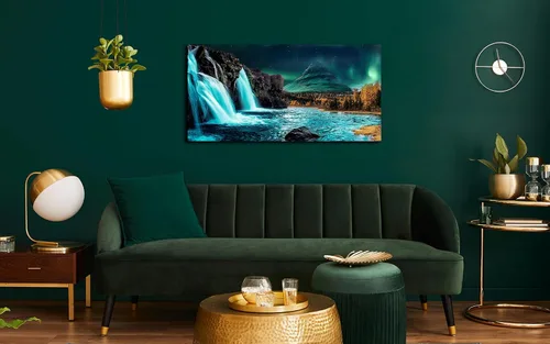 Miniatura 4 de Lienzo grande para pared de sala de estar, cuadros de cascada para pared, decoración de pared verde azulado, listo para colgar, tamaño 40 x 20 Verde