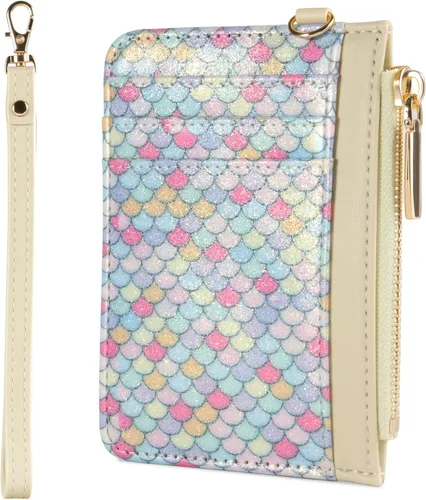 Miniatura 9 de Cartera pequeña de cuero con protección RFID de sirena para tarjetas de crédito, cartera delgada con correa para la muñeca con bolsillo
