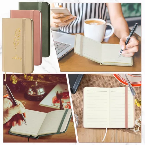 Miniatura 5 de Qeeenar Paquete de 10 cuadernos de bolsillo de cuero de tapa dura, mini diarios rayados de 4 x 2.5 pulgadas, diseño de hojas doradas, 50 hojas