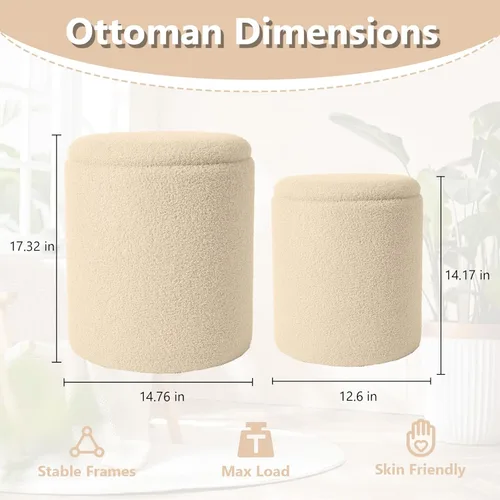 Miniatura 2 de Royal Windsor Boucle - Juego de 2 otomanas redondas con almacenamiento, taburete pequeño para sala de estar, mesa de centro pequeña, taburete