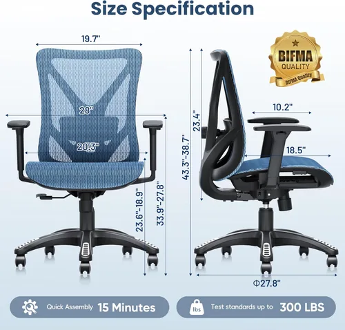 Miniatura 3 de Silla de oficina ergonómica, sillas de escritorio de malla para computadora con soporte lumbar ajustable, reposabrazos 3D, función de inclinación