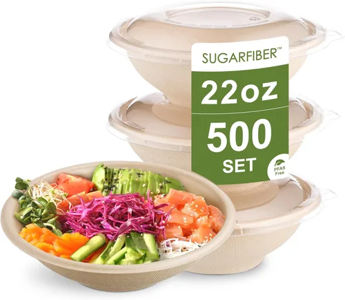 Miniatura 11 de [500 SET]Harvest Pack 32 oz Round Compostable Bowls with Flat Lids, Heavy-Duty Eco-Friendly Disposable Bagasse Paper Bowl for Meal Prep, Made of