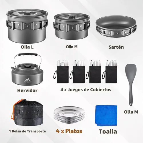 Miniatura 2 de Juego de 27 piezas de cocina de camping para 2-4 personas, juego de utensilios de cocina portátiles con hervidor, ollas y sartenes, utensilios