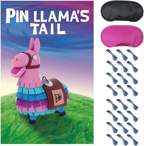 Suministros para fiestas de videojuegos – Pin The Tails on Llama, póster grande con 24 calcomanías de cola para decoración de fiestas temáticas de