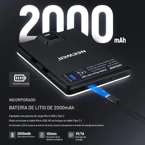 Miniatura 5 de NEEWER Basics NL-60AI - Luz para selfie para teléfono con clip frontal y trasero, 60 LED 2000 mAh recargable CRI95+, 3 modos, iluminación de relleno