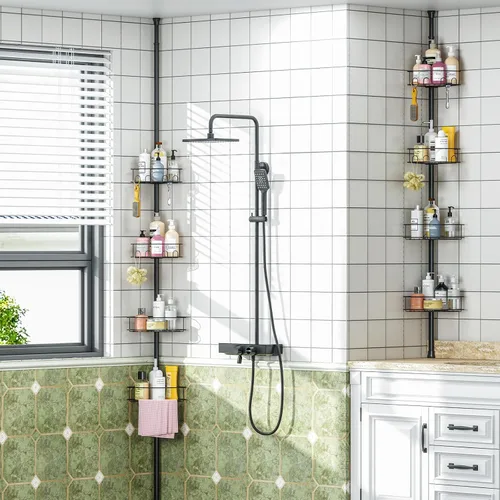 Miniatura 8 de Poste de tensión de esquina para ducha, estantes organizadores de baño ajustables de 4 niveles, almacenamiento interior de ducha con gancho oculto
