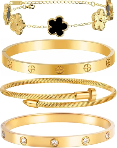 Miniatura 11 de Pulseras de oro para mujer - 4 piezas/3 piezas, juego de pulseras de tenis de 18K de oro chapado, elegantes pulseras de oro no manchadas de acero