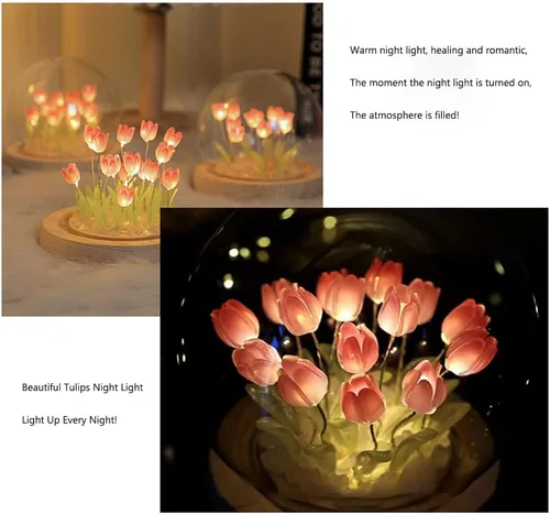 Miniatura 5 de Luz nocturna de tulipanes de bola de cristal, lámpara de noche de flores de bola de vidrio con base de madera, regalos de tulipanes para mujeres