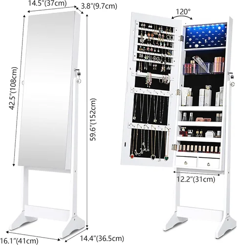 Miniatura 4 de LVSOMT 8 LED Organizador de joyas con espejo de cuerpo completo, armario de almacenamiento montado en la paredpuerta joyero con cerradura con 2