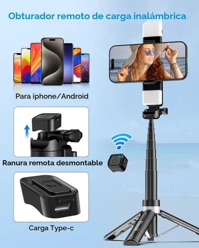 Miniatura 6 de Trípode para teléfono 3 en 1 con luces LED y control remoto, soporte de trípode extensible para selfie, portátil compacto con control remoto