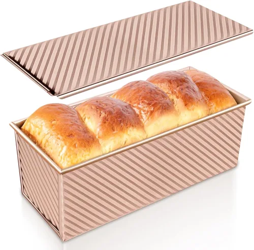 Miniatura 15 de Paquete de 2 moldes para pan con tapas, capacidad de masa de 1 libra, molde para pan Pullman de acero al carbono antiadherente para sándwich casero