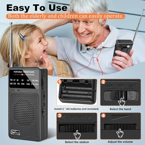 Miniatura 7 de TRELC Radio portátil AM FM, mini radios de transistor a pilas con clip trasero y cordón, excelente recepción, altavoz y conector para auriculares