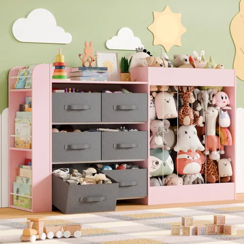 Miniatura 9 de Organizador de almacenamiento de juguetes de 61 pulgadas de ancho con 6 contenedores de almacenamiento, estantería de 3 niveles para niños y soporte