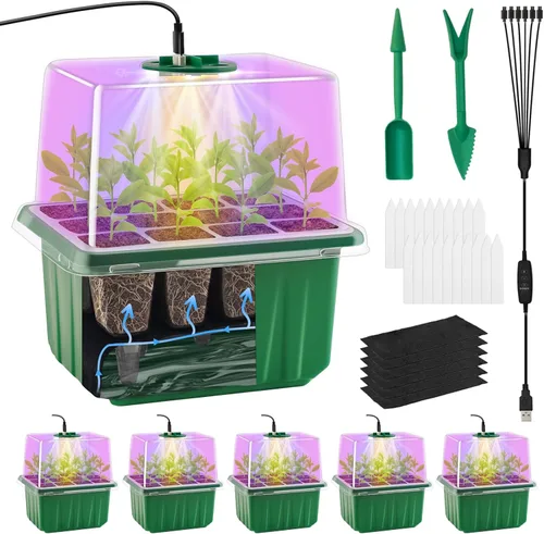 Miniatura 8 de Bandeja de inicio de semillas con luz de crecimiento, 5 paquetes de bandeja de inicio de plantas kit iniciador de plántulas con base de cúpulas
