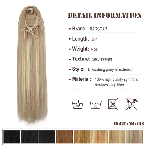 Miniatura 7 de BARSDAR Extensión de cola de caballo corta y recta - Extensiones de pelo con cordón de 16 pulgadas, rubio para mujeres - Extensiones de pelo Rubio