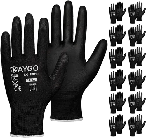 Miniatura 57 de KAYGO KG11PB - Guantes de seguridad con revestimiento delgado de poliuretano, tejido sin costuras, agarre suave en palma y dedos, para trabajo Verde