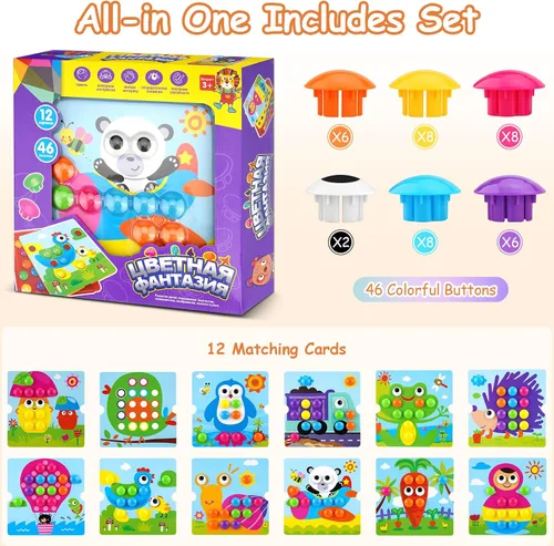 Miniatura 2 de AluAbi Large Button Art Toys for Toddlers, 10'' x 10'' Color Matching Mosaic Pegboard with 12 Pictures and 46 Buttons, Early Educational Toys for 3