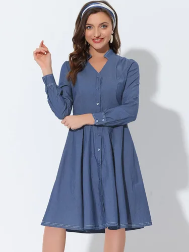Miniatura 3 de Allegra K Vestido de cambray de manga larga plisado con cuello en V para mujer, M