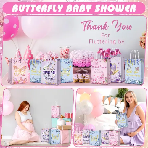 Miniatura 7 de Outus 24 piezas de bolsas de regalo de fiesta de mariposa, bolsas de golosinas de mariposa, bolsas de papel para regalos con mango, morado, azul