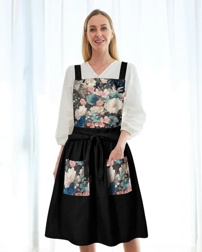 Miniatura 4 de Delantal Vintage Lindo para Mujer con Bolsillos, Delantal con Espalda Cruzada para Cocinar, Hornear, Cocina, Jardinería Negro