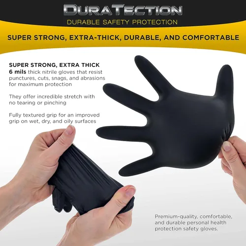 Miniatura 4 de Dura-Gold - Guantes desechables de nitrilo HD negro, 6 milésimas de pulgada - Sin látex, sin polvo, agarre texturizado