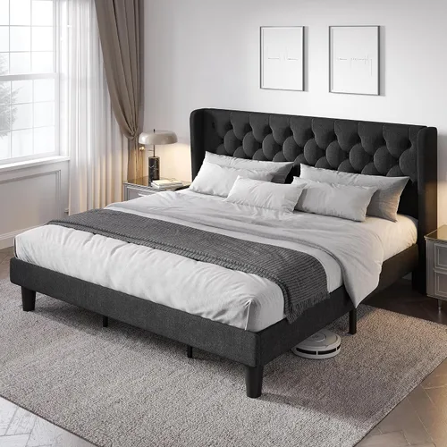Miniatura 11 de Allewie Base de cama de tamaño matrimonial con cabecera copetuda con botones en la parte trasera, marco de cama tapizado moderno con soporte