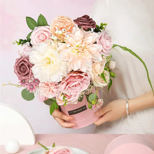 Miniatura 5 de AmyHomie - Juego de flores artificiales color rosa pálido y champán, flores de seda falsas, peonías, rosas con tallo para bricolaje, ramos de boda