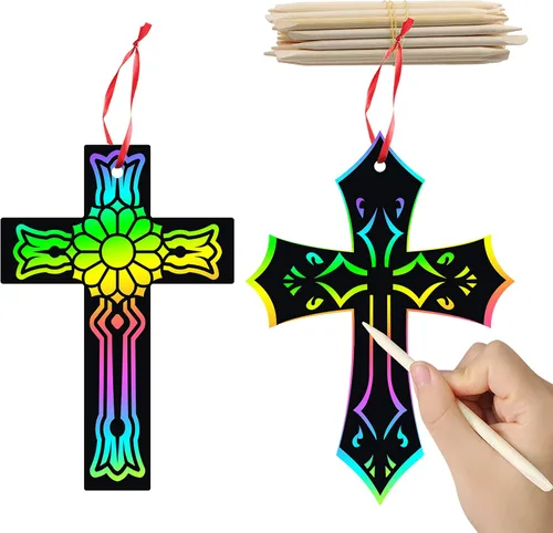 WATINC 60 adornos de cruz para rascar, kit mágico de manualidades de color artístico para niños, recuerdos de fiesta de rascar, etiquetas colgantes
