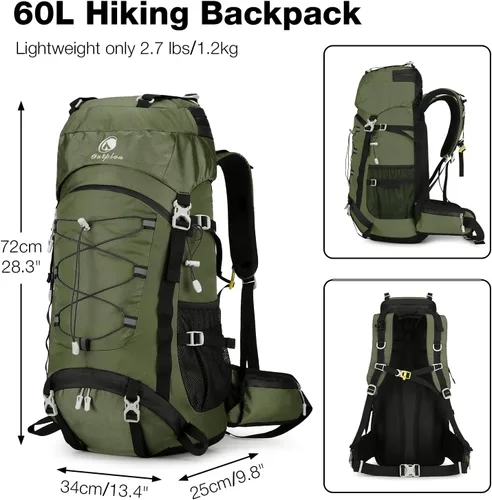 Miniatura 2 de Mochila de senderismo impermeable de 60L con cubierta de lluvia para hombres y mujeres, mochila de camping grande, verde Verde oscuro