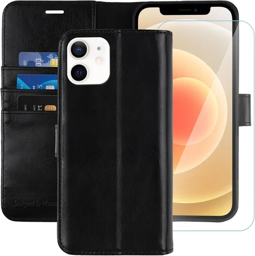 MONASAY Funda tipo cartera compatible con iPhone 11, de 6.1 pulgadas, protector de pantalla de vidrio incluido, bloqueo RFID, funda de piel con tapa