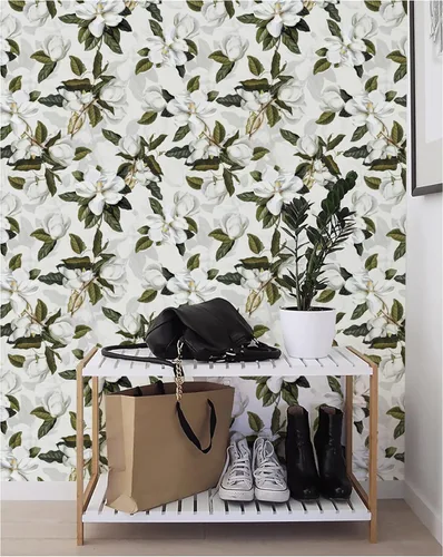 Miniatura 5 de HAOKHOME Papel tapiz floral para despegar y pegar, papel de pared extraíble Magnolia de vinilo blanco hueso, gris/verde, papel de contacto