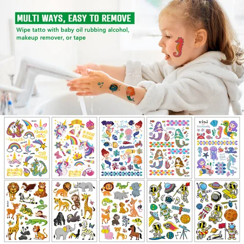 Miniatura 4 de Más de 250 tatuajes temporales para niños, 15 hojas de diseños mixtos de purpurina, tatuajes falsos impermeables para niños, temática de sirena