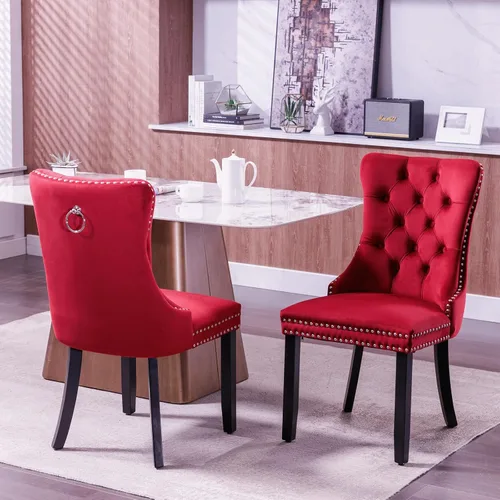 Miniatura 15 de Merax Juego de 2 sillas de comedor de terciopelo tapizadas de alta gama con anillo trasero de clavo, patas de madera maciza, asiento de espuma