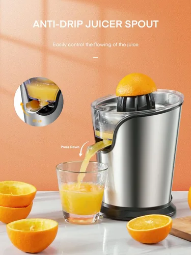 Miniatura 6 de FOHERE Exprimidor de Jugo de Naranja Exprimidor Eléctrico de Cítricos con Dos Conos Intercambiables Adecuado para Naranja, Limón y Pomelo, Acero